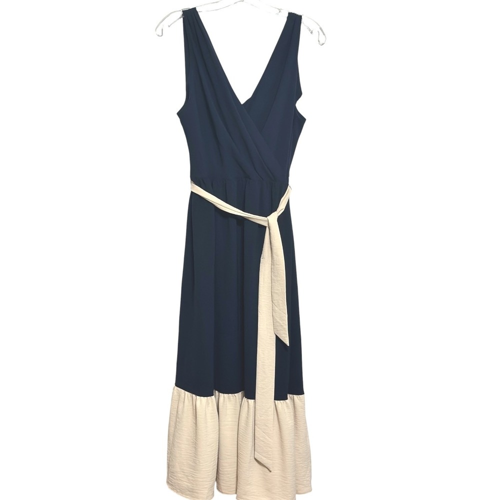 DKNY Maxi Dress Womens Navy Khaki Colorblock Ruffle Hem Wrap V-Neck Nautical 12